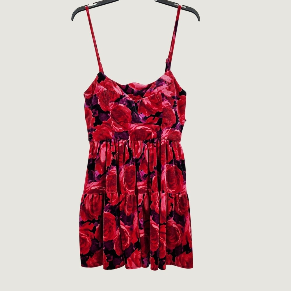 Violet Weekend Floral Rose Velvet Tiered Mini Dress Juniors 3/4 Fuchsia Stretch